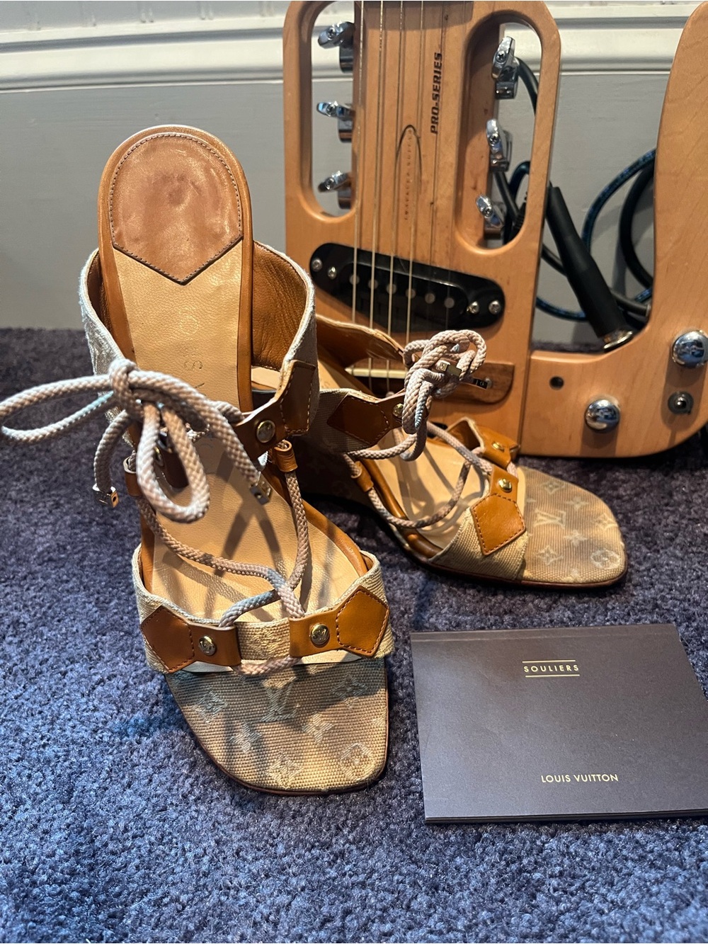 Vintage LoyVuitton Monogram Lucie Beige Mule Wedge Sandals size 39 - Picture 3 of 11